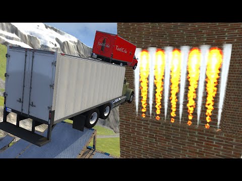 Heavy Vehicle High Speed Jumping through FIRE & Smoke Wall Crash - BeamNG drive