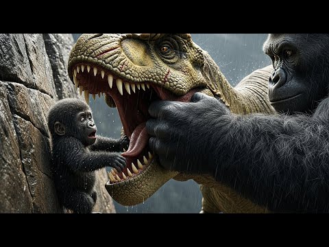 KONG SAVES BABY KONG From T-Rex! 🦍🦖 Father vs. 2 Dinosaurs (Epic Battle) #animals