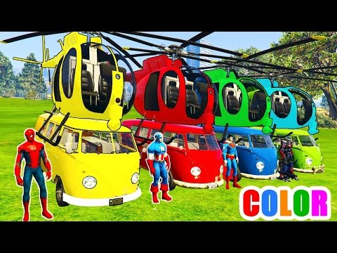 LEARN COLOR CARS Helicopter on BUS & Superhero Cartoon for kids with Spiderman for Kids 😊😊!