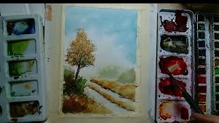 Peaceful Watercolor Countryside | Lonely Road & Solitary Tree!