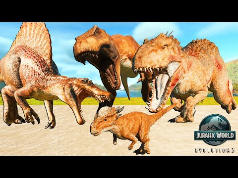 2x Tyrannosaurus Rex vs Indominus Rex vs Spinosaurus vs Giganotosaurus , Big Land Dinosaurs in JWE3