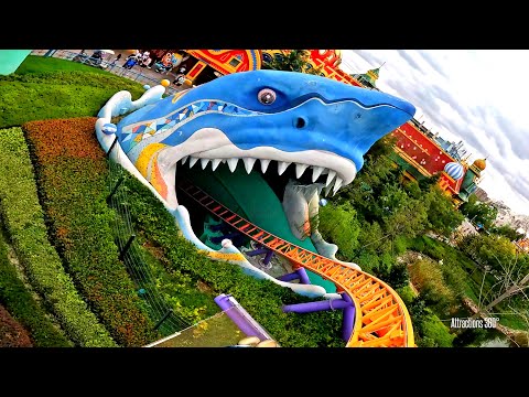 Shark! Steel Dolphin Launch Coaster & Volcano Rafting Ride-through 2025