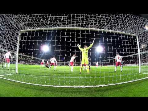Behind the goal: Ryan Tafazolli scores at Stevenage