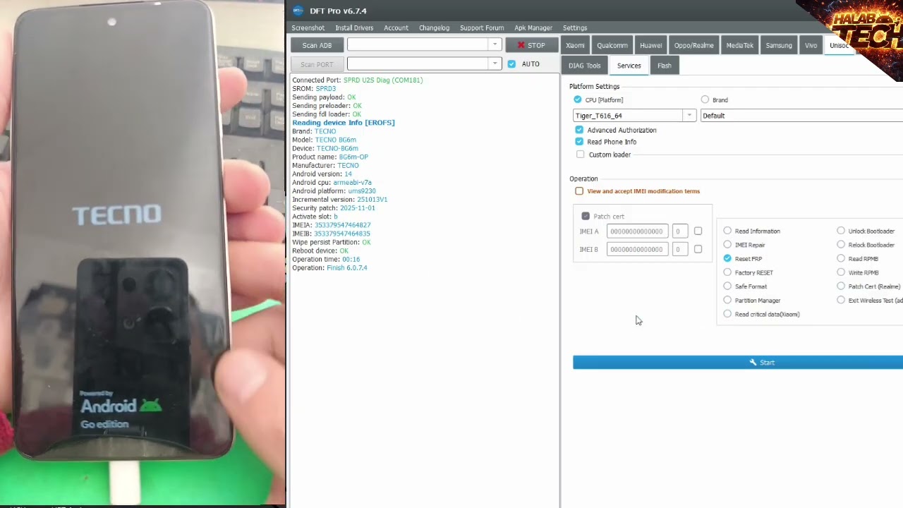 حل مشكلة FRP وإصلاح CPU لهاتف Tecno Spark Go 2024 (BG6M) باستخدام DFT Tool