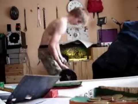 Stupid kid destroys aquarium with dumbell, training, very funny