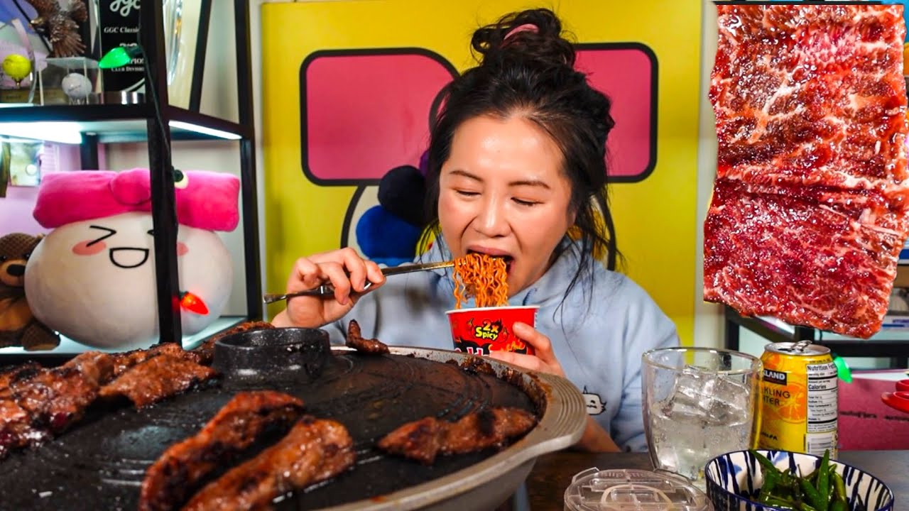 King Sliced Galbi Short Ribs With A Side of Nuclear Buldak Fire Noodles And Thai Chili Peppers 