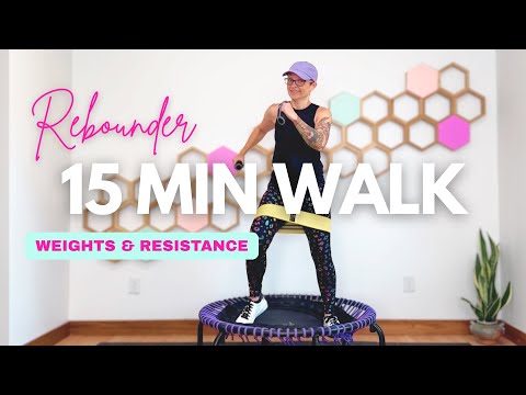 15 Minute Low Impact Rebounder Walk Workout + Weights | Beginner Friendly Mini Trampoline Exercise thumbnail