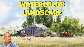 Watercolor landscape tutorial including old farm buildings cars and tractors. Watercolour lesson.