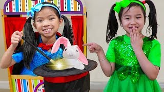 Jannie & Emma Pretend Play as Magician & Singer at Theater Kids Show