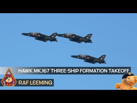 SUPERB! BAE SYSTEMS HAWK MK.167 THREE-SHIP FORMATION TAKEOFF • RAF LEEMING