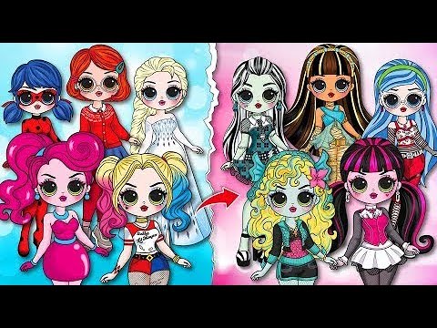 Encanto, Turning Red, Harley Quinn, Mommy Long Leg into Monster High   LOL Surprise Paper Dolls