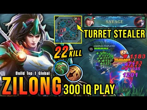 SAVAGE + 22 Kills!! Zilong 300 IQ Play, Perfect Turret Stealer!! - Build Top 1 Global Zilong ~ MLBB