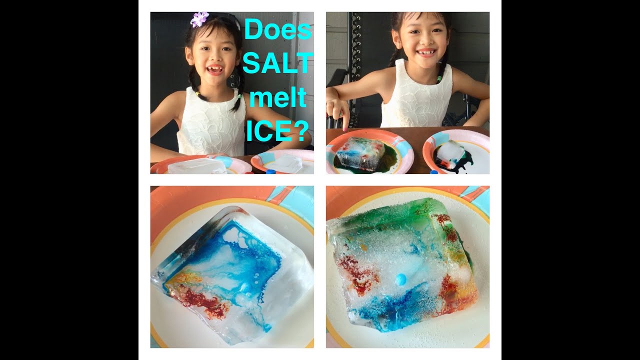 Does SALT melt ICE ? Kid science experiment. Rainbow ice. What happens when you put salt on ice cube