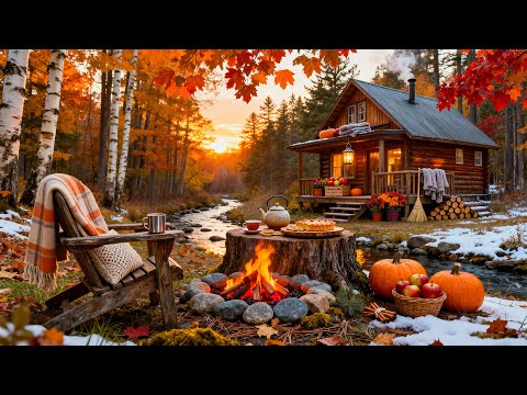 Relaxing Autumn-Winter Morning by the Forest Stream ❄️🔥 Gentle Campfire & Nature Sounds for Relax