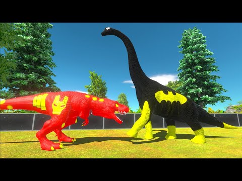 IRONMAN T REX vs CAPTAIN SPINO vs BATMAN BRACHIOSAURUS DEATH RUN   Animal Revolt Battle Simulator