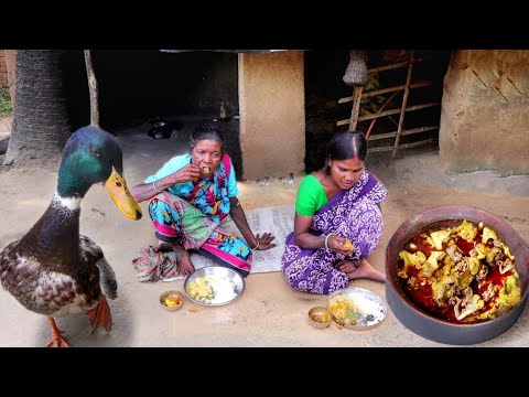 santali famous DUCK MEAT curry cooking&eating by our santali grandma||village food
