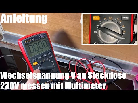 Measuring alternating voltage V (electrical voltage) at a 230V socket with a multimeter instructions