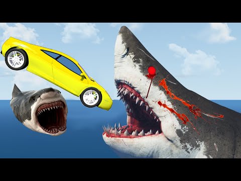 Jumping into mouth of GIANT Attacking Shark | BeamNG drive