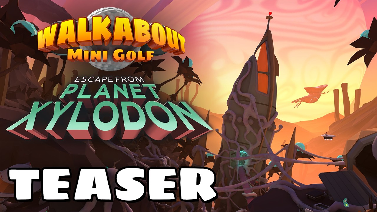 Teaser trailer thumbnail for Escape from Planet Xylodon, showing the alien mini golf course under a pink sky