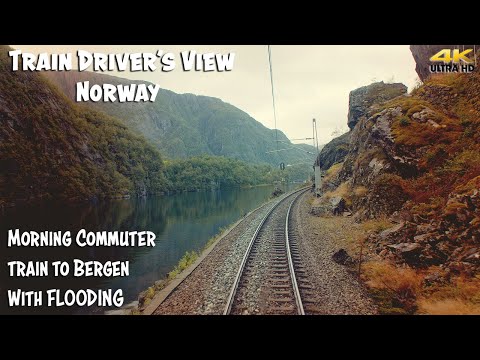 4K CABVIEW: Morning commuter train to Bergen with flooding