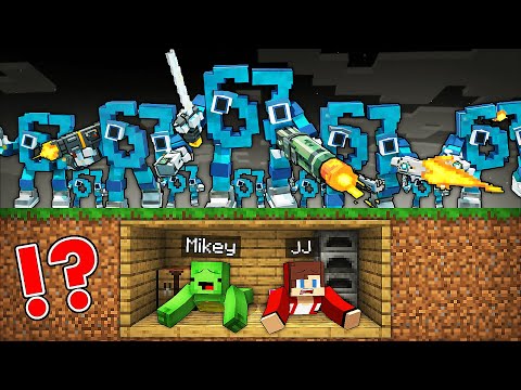 JJ and Mikey Secret Bunker vs Army of SCARY 67's! - Minecraft (Maizen)