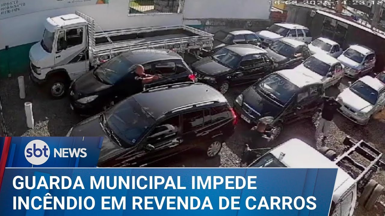 Guarda Municipal impede incêndio em loja de carros | #SBTNews (18/03/25)
