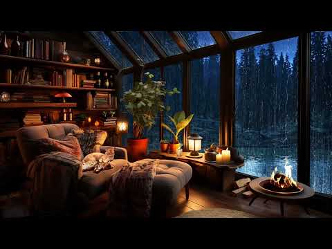 Thunderstorm, Rain & Crackling Fire in a Cozy Hut with Cats - Nature Sounds - Sleep & Relax