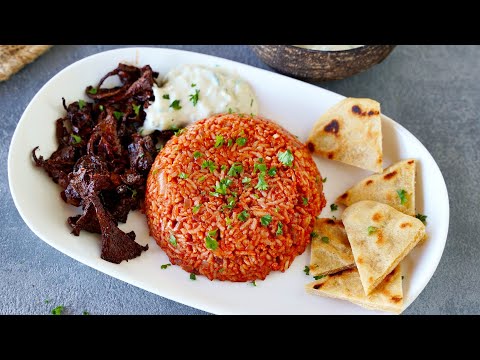 Greek Tomato Rice with Vegan Gyros & Tzatziki Sauce