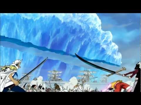 Mihawk cuts a frozen tsunami wave at Marineford