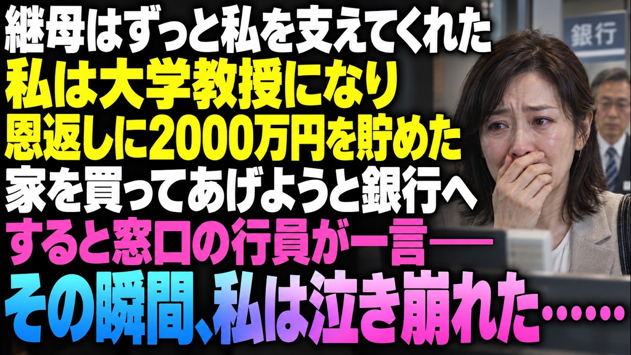 継母は、私が大学教授になるまでずっと支えてくれた。恩返しに家を買ってあげようと2000万円を貯め、銀行へ引き出しに行くと、窓口の行員の一言でその場に泣き崩れた……