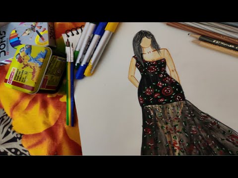 Asymmetric Black floral dress sketching |fashion illustration| |chesta design|