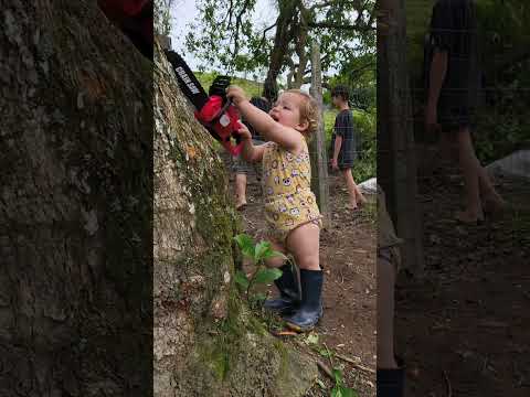 Toddler imitates a chainsaw while playing in Armazém, Santa Catarina, Brazil