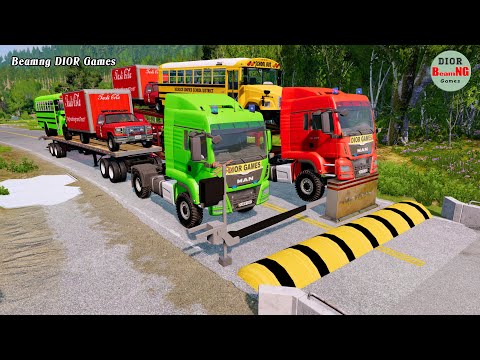 Double Flatbed Trailer Truck cars vs rails tractor vs train Beamng Drive Crashes 601