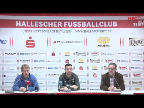 29. Spieltag: Pressekonferenz vor dem Spiel Hallescher FC - FC Energie Cottbus