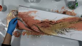 (876) Gorgeous Peach and Gold SPRAY PAINT Mixed Media Acrylic Pour Painting