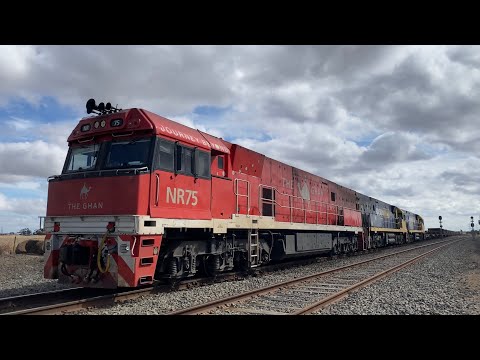 Up 7XM4 loaded steel train with NR75 (Ghan) NR11 NR122 at Gheringhap headed for Melbourne 23/3/2025