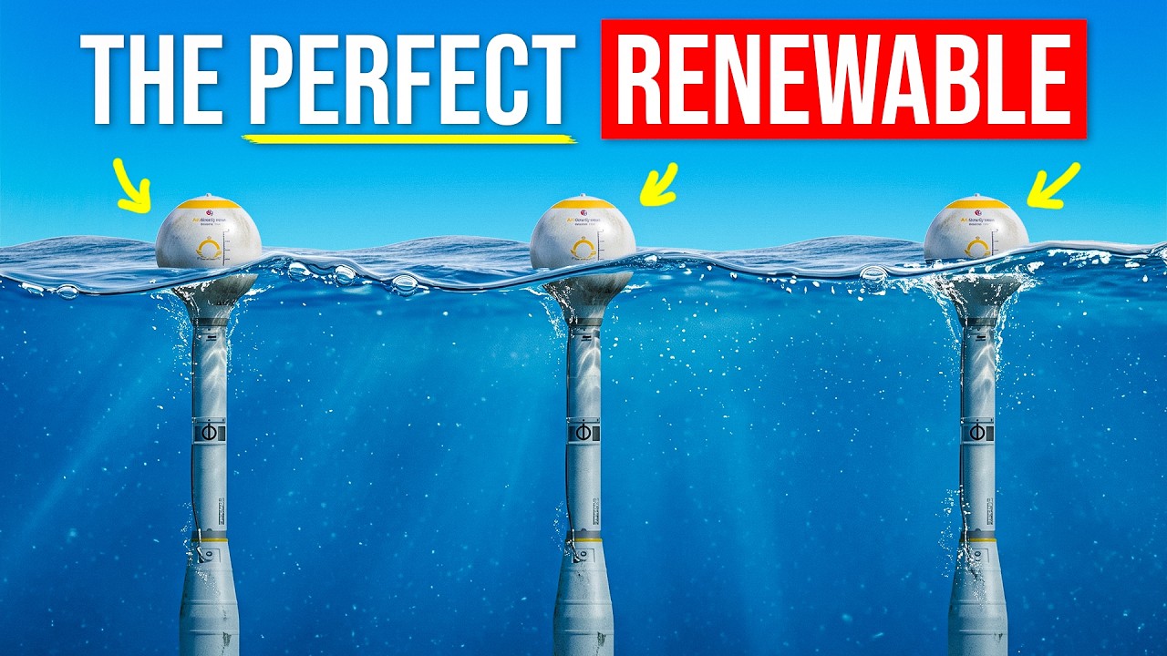 Illustration of a large spherical wave energy buoy floating in open ocean