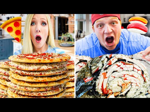 100 Layers of Pizza vs 100 Layers of Sushi Challenge ft. Unspeakable!