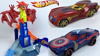 HOTWHEELS DRAGON BLAST SET -  IRON MAN Y CAPITAN AMERICA SALVAN LOS COCHES DEL DRAGON MALEFICO