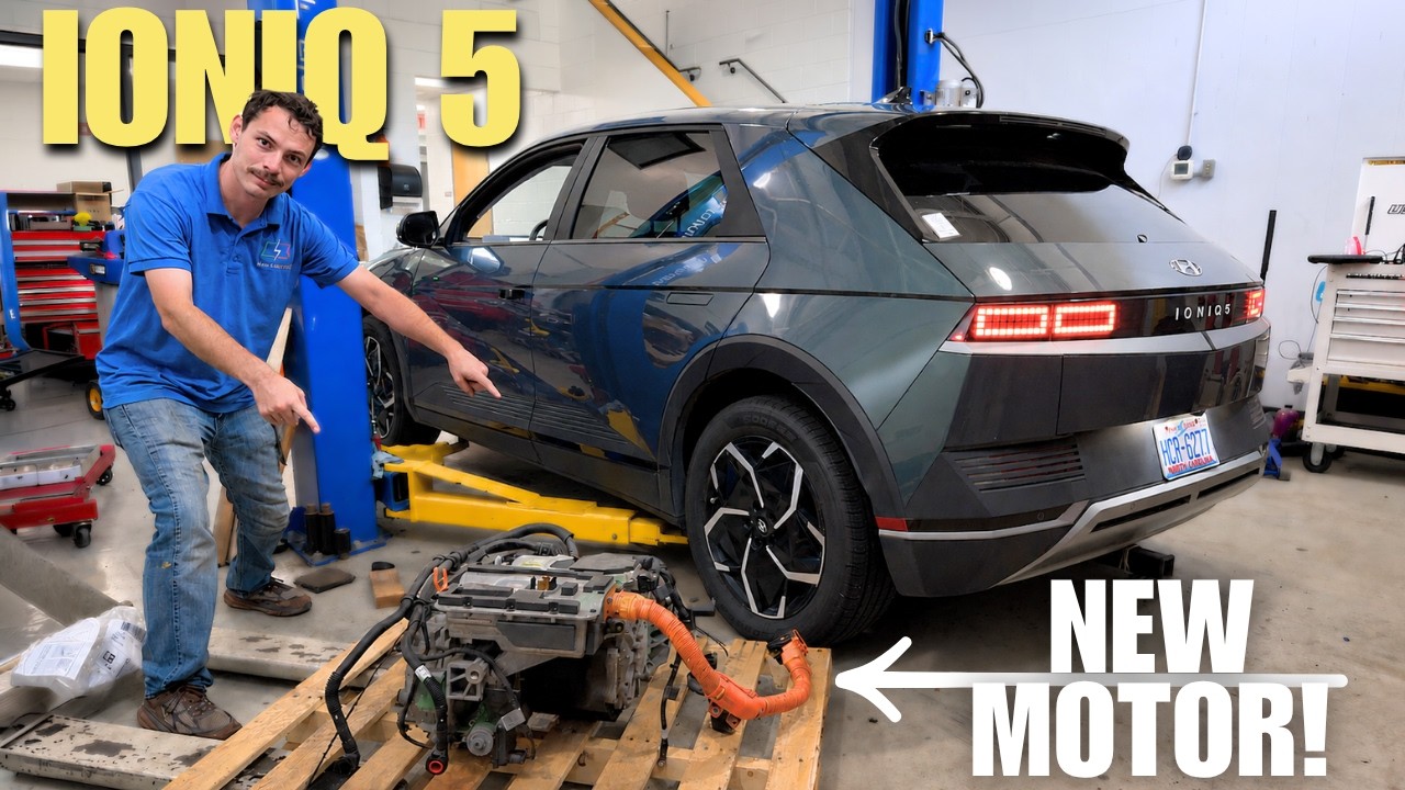 Hyundai Ioniq 5 raised on a lift with the rear subframe removed