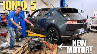 Hyundai Ioniq 5 on a lift with the subframe out