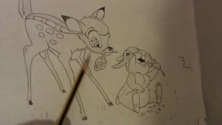 Start of a drawing of Bambi and thumper.