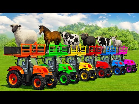 LOAD SHEEPS, HORSES, BULLS, COWS, GOATS, RAMS & TRANSPORT WITH COLORED TRACTORS - FS22