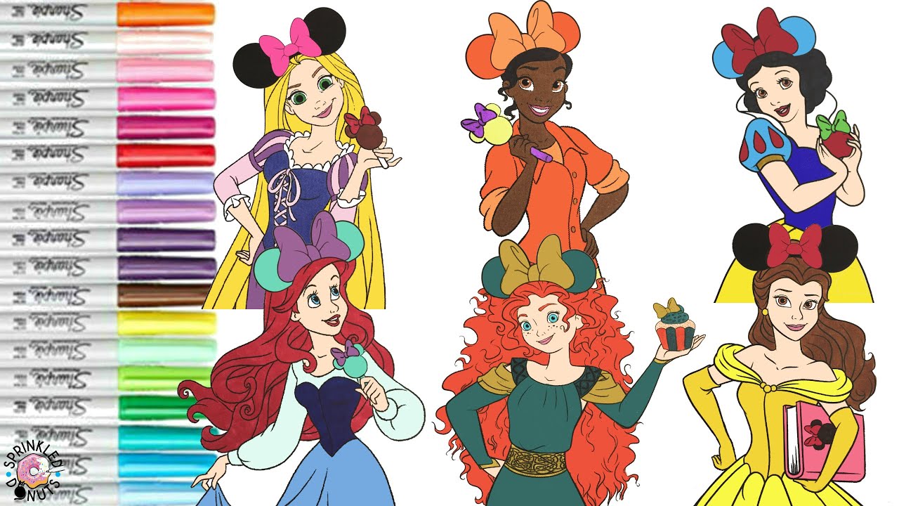 Disney Princess Coloring Book Compilation Tiana Rapunzel Ariel Belle Merida Snow White Minnie Mouse