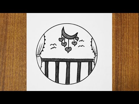 Drawing of a moon and birds behind on the fence