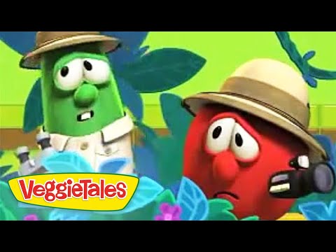 Two VeggieTales characters in safari hats stand in a bright tropical scene, with the VeggieTales logo in the corner.