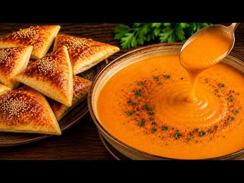 The perfect and delicious dinner! Creamy soup and crispy pastries!