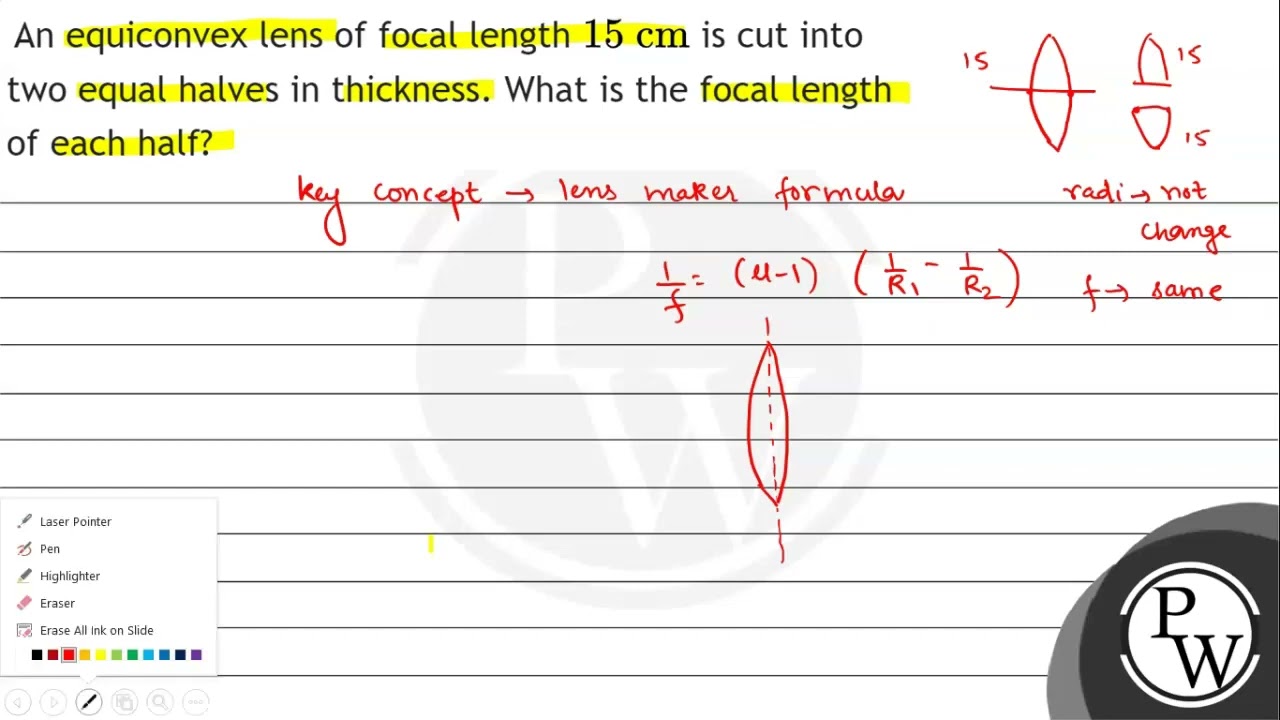 Watch video An equiconvex lens of focal length \( 15 \mathrm{~cm} \) is cut int... Now An equiconvex lens of focal length \( 15 \mathrm{~cm} \) is cut int...