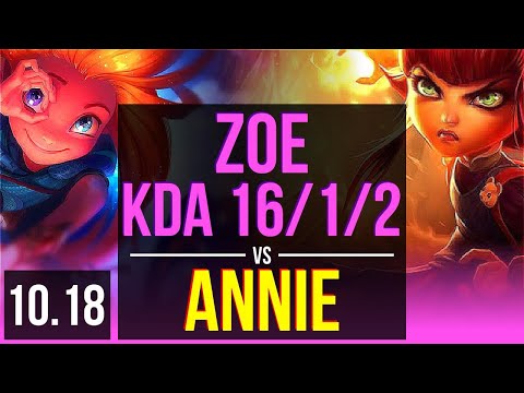 ZOE vs ANNIE (MID) | KDA 16/1/2, 3 early solo kills, Triple Kill | KR Grandmaster | v10.18