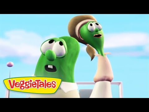 Two VeggieTales cucumbers look surprised against a blue sky, with the VeggieTales logo in the corner.